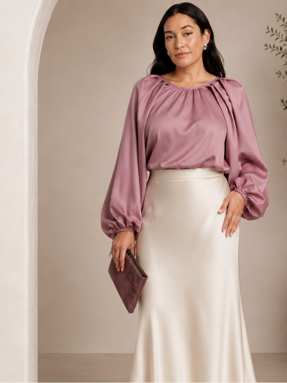 ELOQUII Poet Sleeve Tie Back Blouse Mauve Dusty Rose Women’s Size 14 - Picture 3 of 14